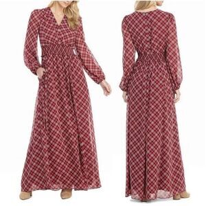 Gal meets glam Robyn maroon plaid long sleeve maxi dress size 0